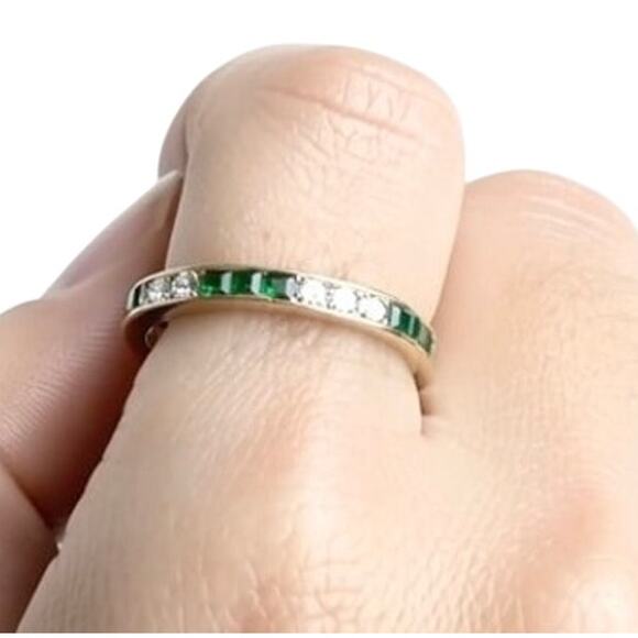 Bailey Banks Biddle 2CT TOTAL Emerald/Diamond 14KT Yellow Gold Eternity Ring 5 - Picture 5 of 13